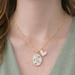 Artistic Oval Enamel Necklace with Zirconia Stars, 18K Gold Plated